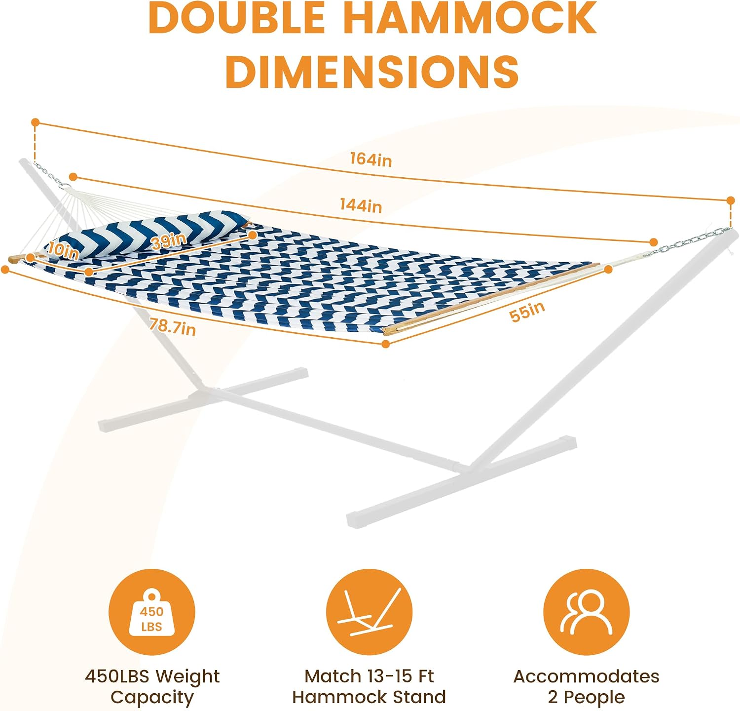 Lazy Daze Double Quilted Hammock with Pillow and Carabiners, Blue Chevron