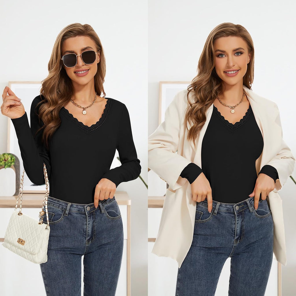 WOWENY Women Thermal Long Sleeve Shirt Fleece Lined Basic Fitted Tops Lace V Neck Undershirts Winter Tight Base Layer