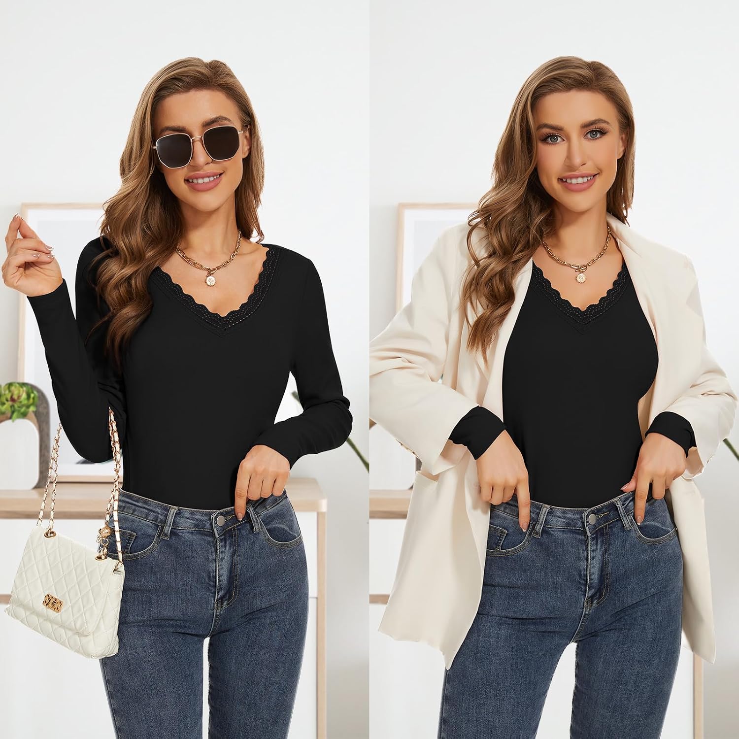 WOWENY Women Thermal Long Sleeve Shirt Fleece Lined Basic Fitted Tops Lace V Neck Undershirts Winter Tight Base Layer