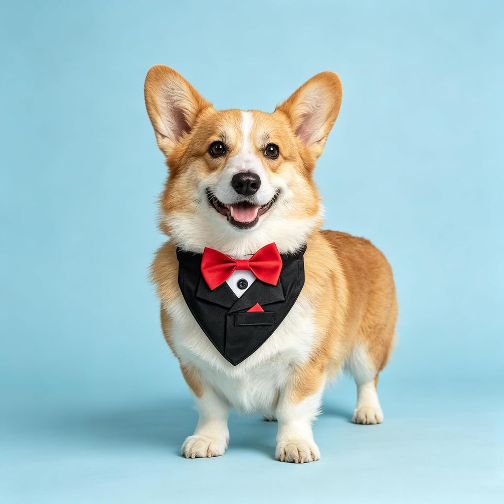 Popular Pet Party Suit Tuxedo Collar, Black Triangle Scarf with Red Bowtie, Handsome Dog Wedding Engagement Bow Tie Bandana (L)