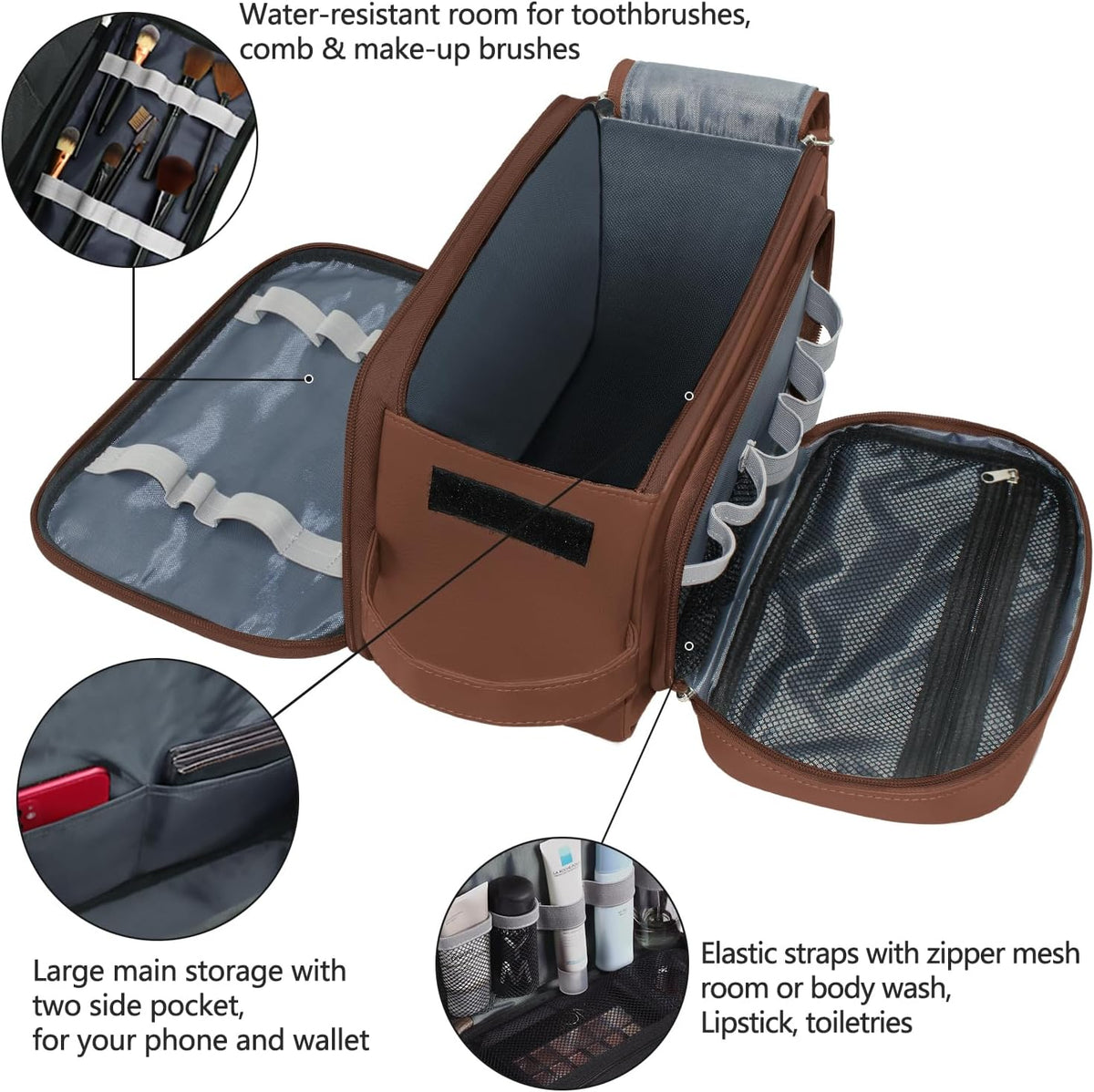 Buruis Extra Large Toiletry Bag for Men, PU Leather Travel Dopp Kit, Brown