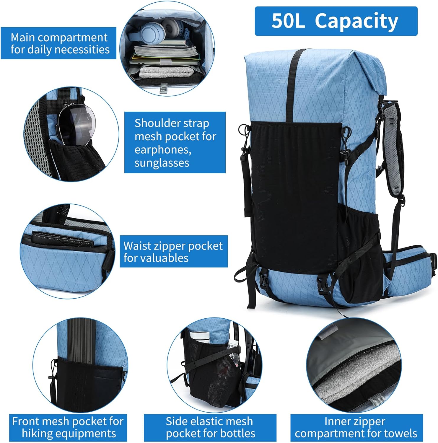 Hiking Backpack,40L to 50L Extra Large Capacity Hiking Bag,Internal Frame Camping Backpack,Upgraded X-PAC Lightweight Sport Daypack Travel Backpack Fit For Mountain Climbing Camping(Blue)