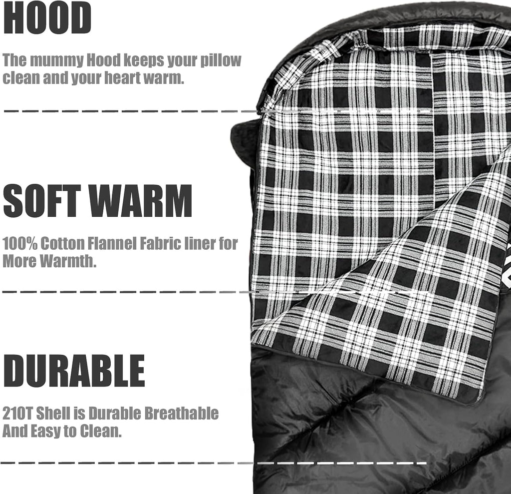 ShinHye 0 Degree Sleeping Bag for Adults - Cotton Flannel 4 Season Cold Weather Winter, XXL Big and Tall Camping Sleeping Bag with Compression Sack