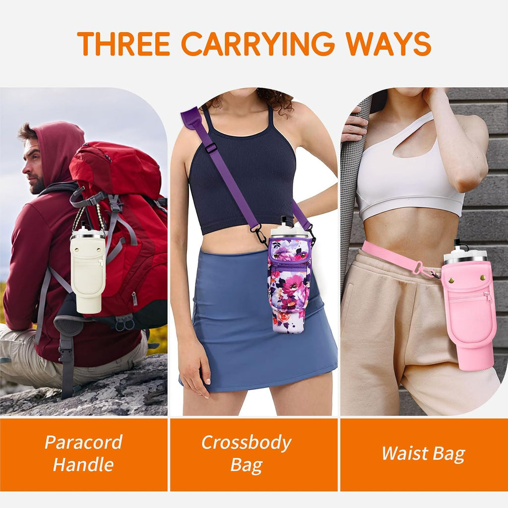 AceTreker Water Bottle Carrier Bag with Phone Pocket for Stanley 40/30 oz Tumbler Neoprene Insulated Mug Sleeve Pouch with 2 Pockets & Adjustable Strap & Straw Cover for Stanley Cup Accessories