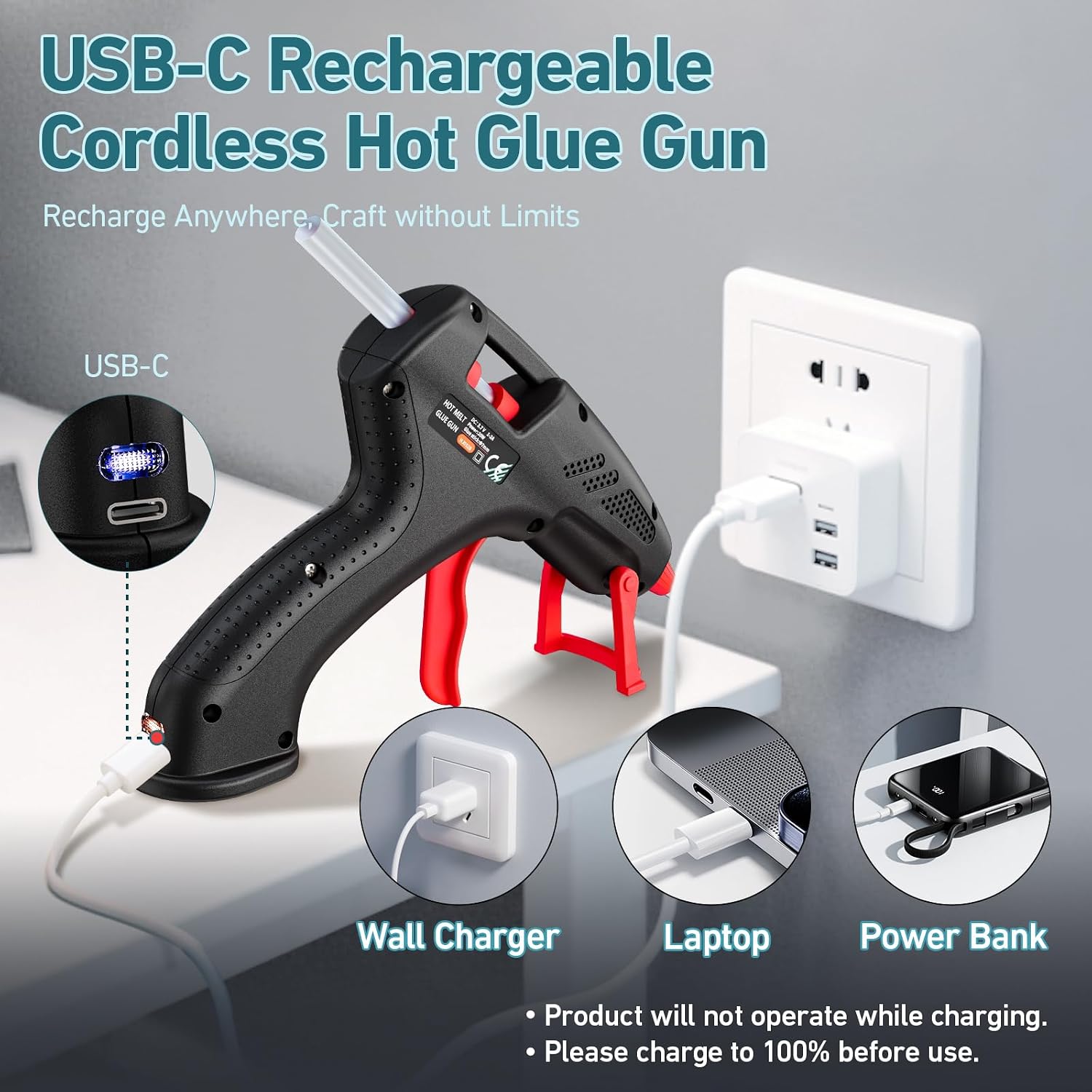 Cordless Hot Glue Gun, 20W Hot Glue Gun with 30PCS Premium Glue Sticks & 1m USB-C Cable, 2000mAh Built-in Battery Suitable for School Craft, Home Repair, DIY (Cordless) (Black)