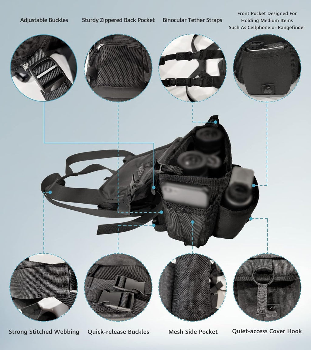 GAIARENA Waterproof Binocular Harness Chest Pack, Bino Harness Case with Rangefinder & Cellphone Pocket for 12x42 Binoculars Lightweight Binocular Pack for Hunting, Hiking (New Version)