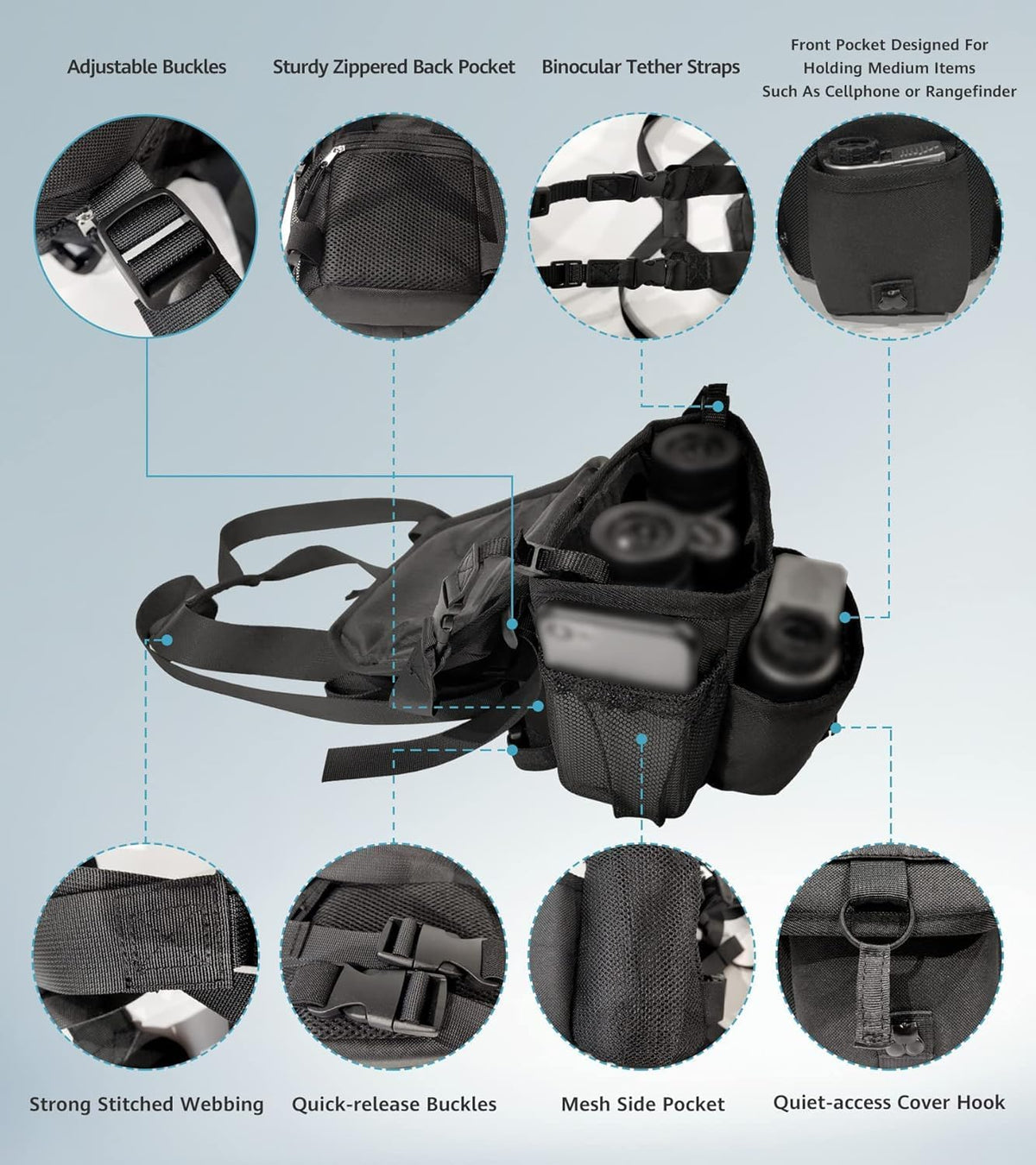 GAIARENA Waterproof Binocular Harness Chest Pack, Bino Harness Case with Rangefinder & Cellphone Pocket for 12x42 Binoculars Lightweight Binocular Pack for Hunting, Hiking (New Version)
