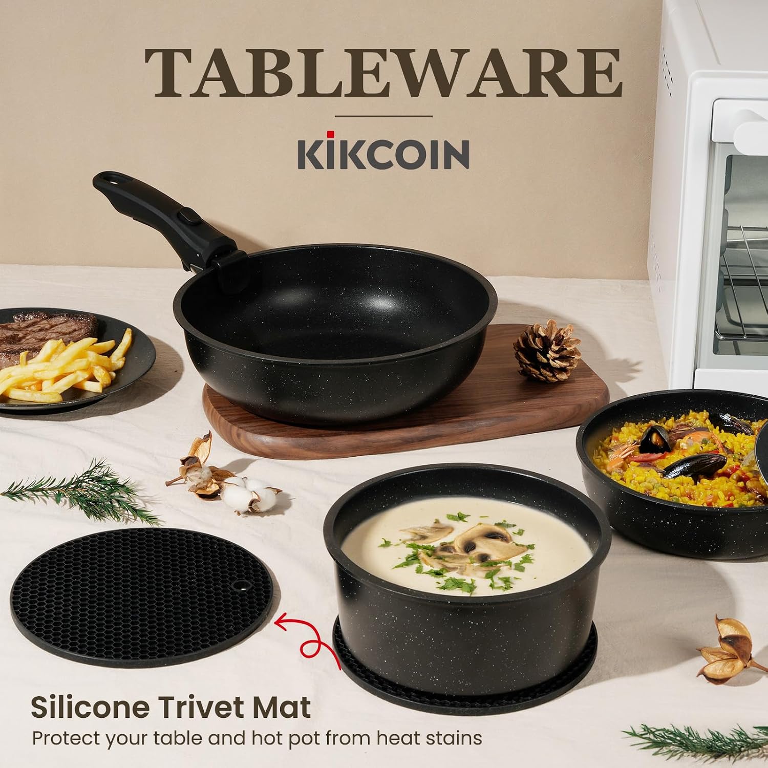 KIKCOIN Pots and Pans Set, 27 Pack Nonstick Cookware Set Detachable Handle, Induction RV Kitchen Cooking Set with Removable Handle, Frying Pans, Casserole - Dishwasher/Oven Safe, PFOA Free