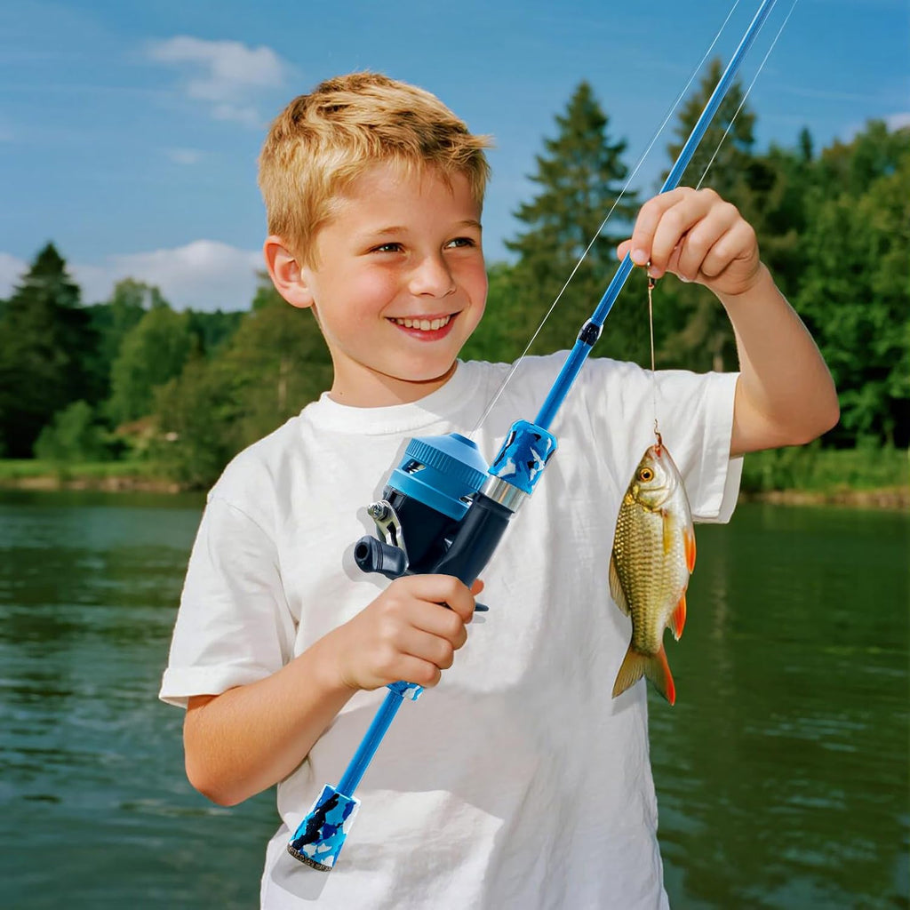 Kids Fishing Pole Set, Telescopic Fishing Rod Reel Combo Kids Starter Kit with Lures Tackle Box, Foldable Stool and Portable Bag for Boys Girls Younth