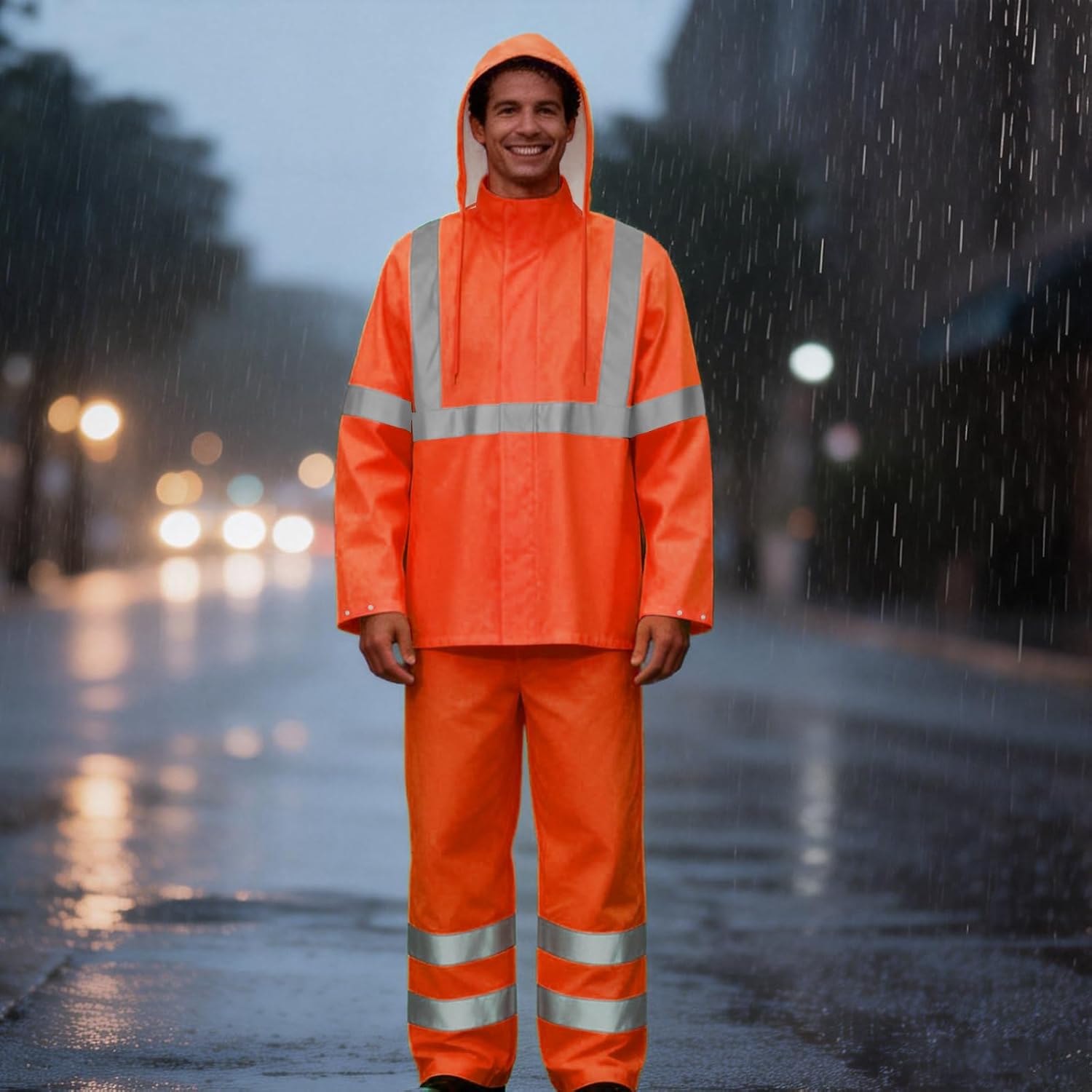 Hi Vis Rain Pants for Men, Safety Work Rain Gear, Orange, L-XL