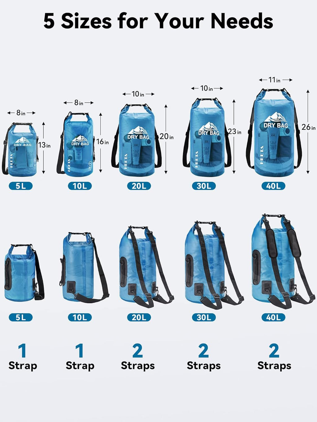 HEETA Dry Bag Waterproof Backpack with Phone Case 5L/10L/20L/30L/40L