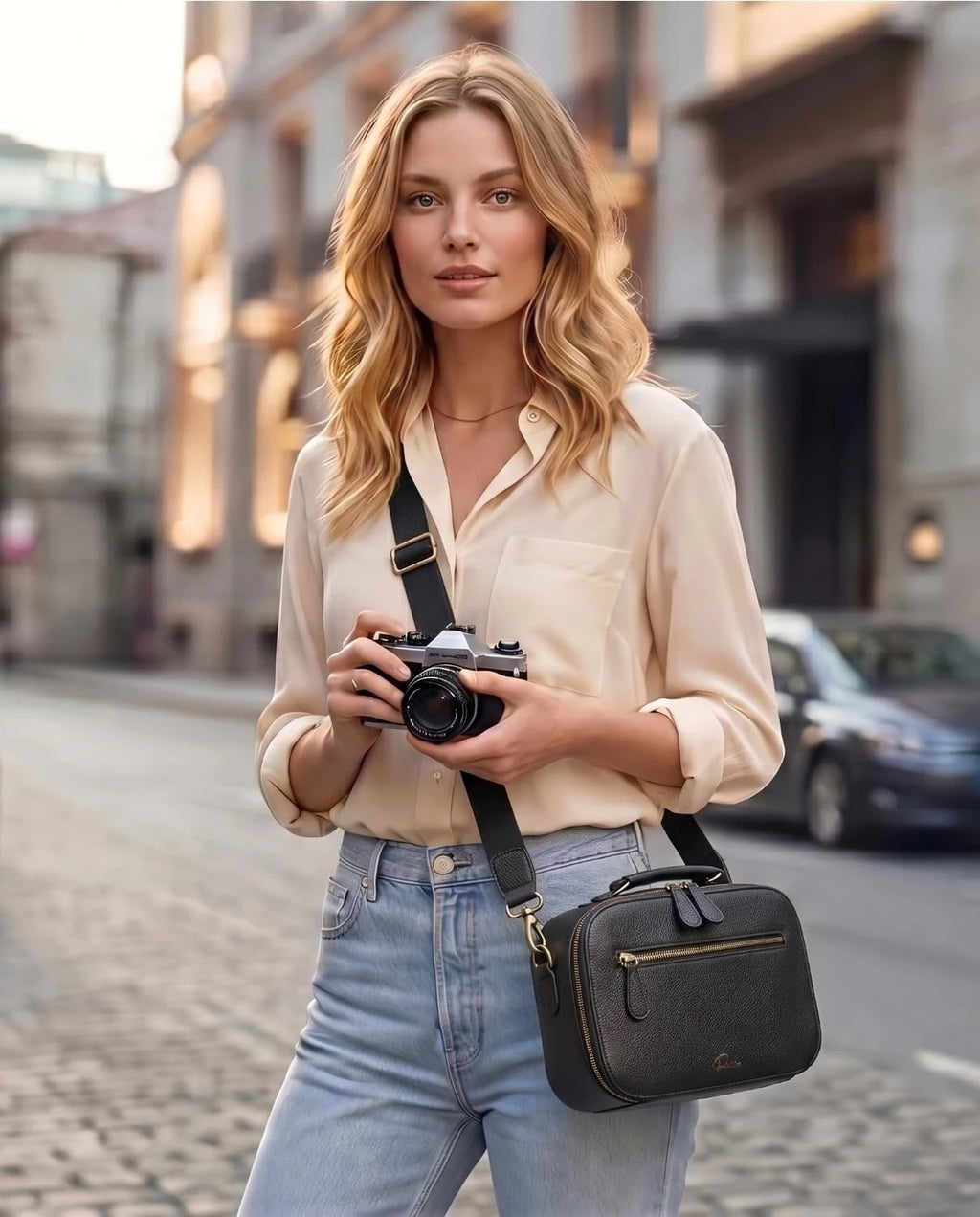 Camera Sling Bag, Waterproof PU Leather Crossbody Camere Bag for Photographers, Small Shockproof Case with Removable Dividers for DSLR/SLR/Mirrorless, 4L Black