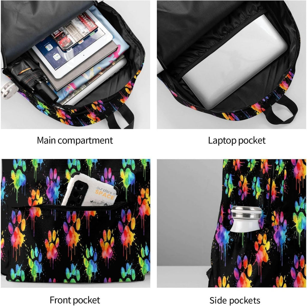 Colorful Dog Paws Laptop Backpack For Men Women, Lightweight Daypack Bookbag For Daily Commutes Business Travel Hiking