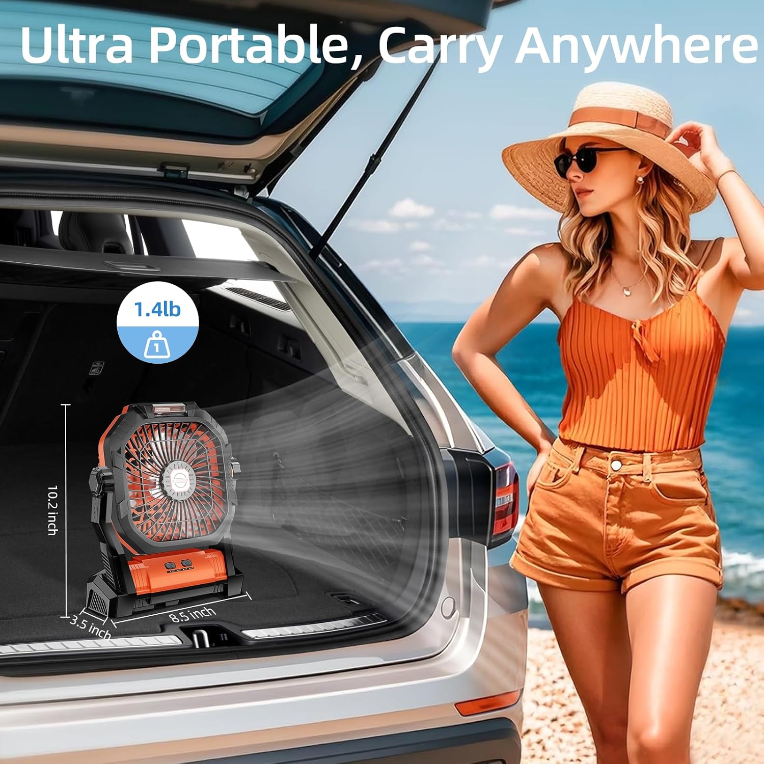 Camping Fan Rechargeable, 20000mAh Battery Powered Portable Fan with LED Light, 4-Speed 180° Adjustable, Camping Essentials for Tent, Travel, Car, Outdoor, Indoor, BBQ, Fishing, Jobsite - Orange