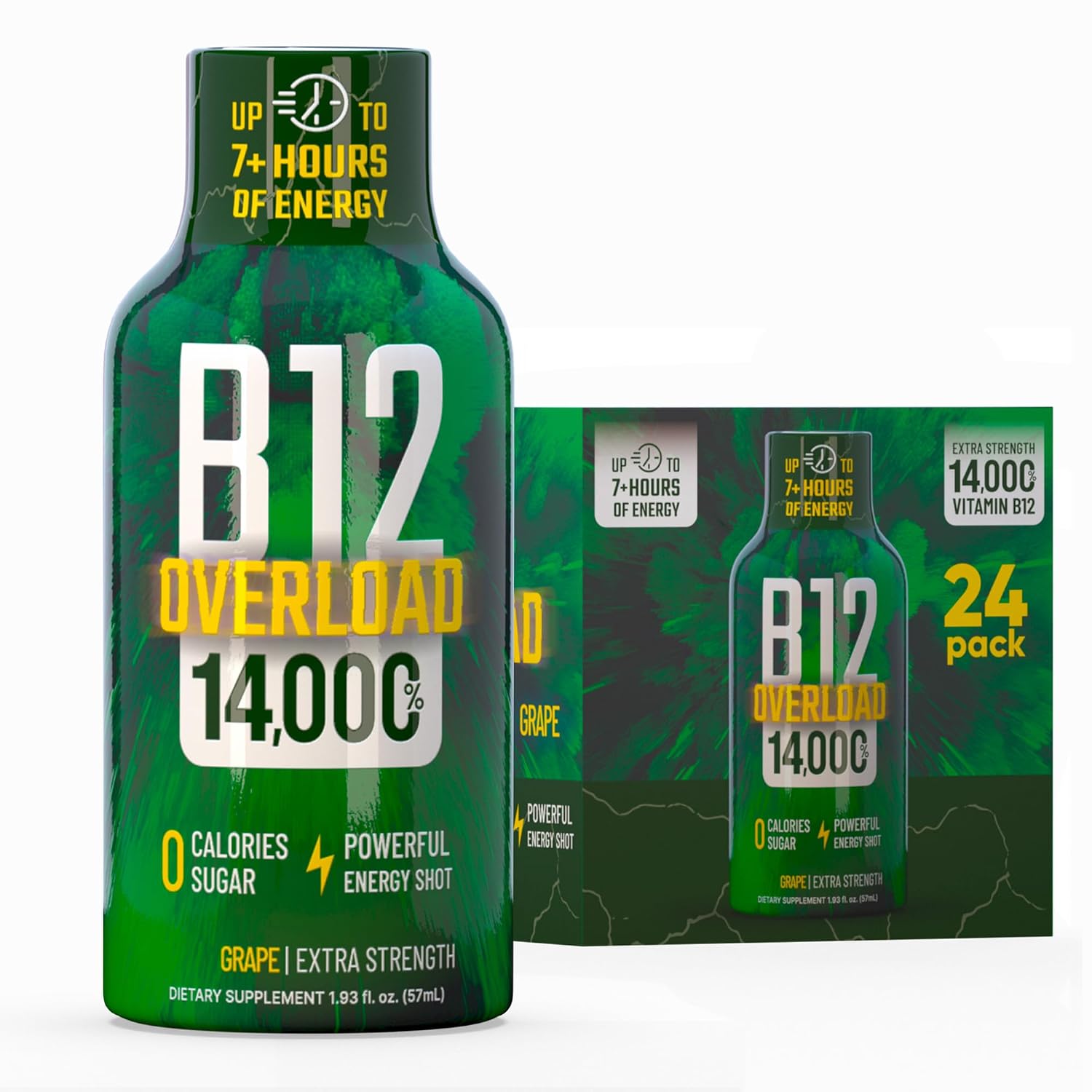 B12 Overload Extra Strength Energy Shot – Grape – 260mg Caffeine, 14000% B12, Electrolytes – Energy & Vitality Support – Zero Sugar No Calories – Vegan, Kosher, Gluten-Free – 1.93 fl oz, 24 -Pack