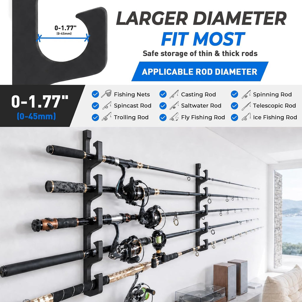PLUSINNO H5W Solid Wood Fishing Rod Holder, Horizontal Wall & Ceiling Mount Fishing Pole Holders for Garage Storage, Holds 10Rods, Combos and Fishing Nets（Black, 2packs）