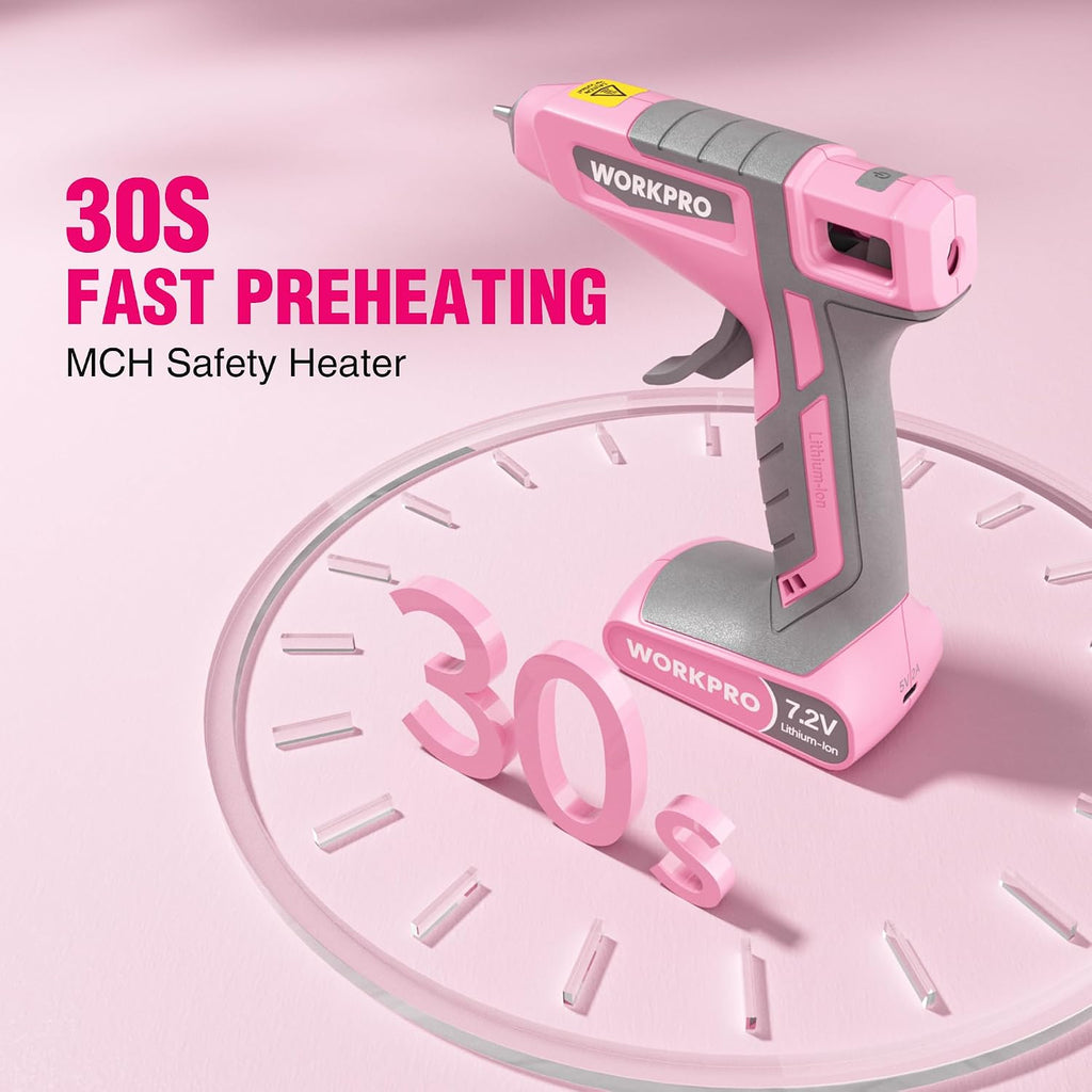 WORKPRO Cordless Hot Glue Gun, 7.2V Dual-Temp Kit, Pink