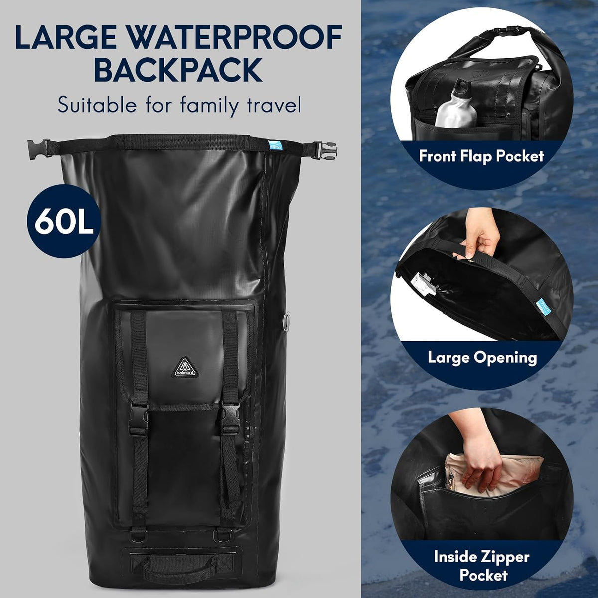Haimont Large Waterproof Roll Top Dry Backpack 60L, Black