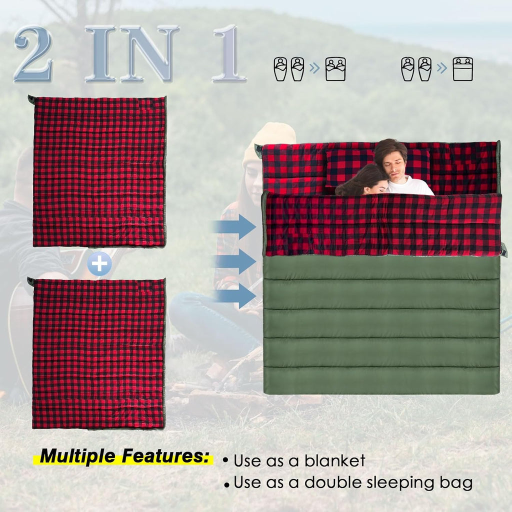 Keencamp 0 Degree Sleeping Bag Cotton Flannel Winter Cold Weather for Adults XXL Sleeping Bag 4 Season Big and Tall with Pillow Compression Sack