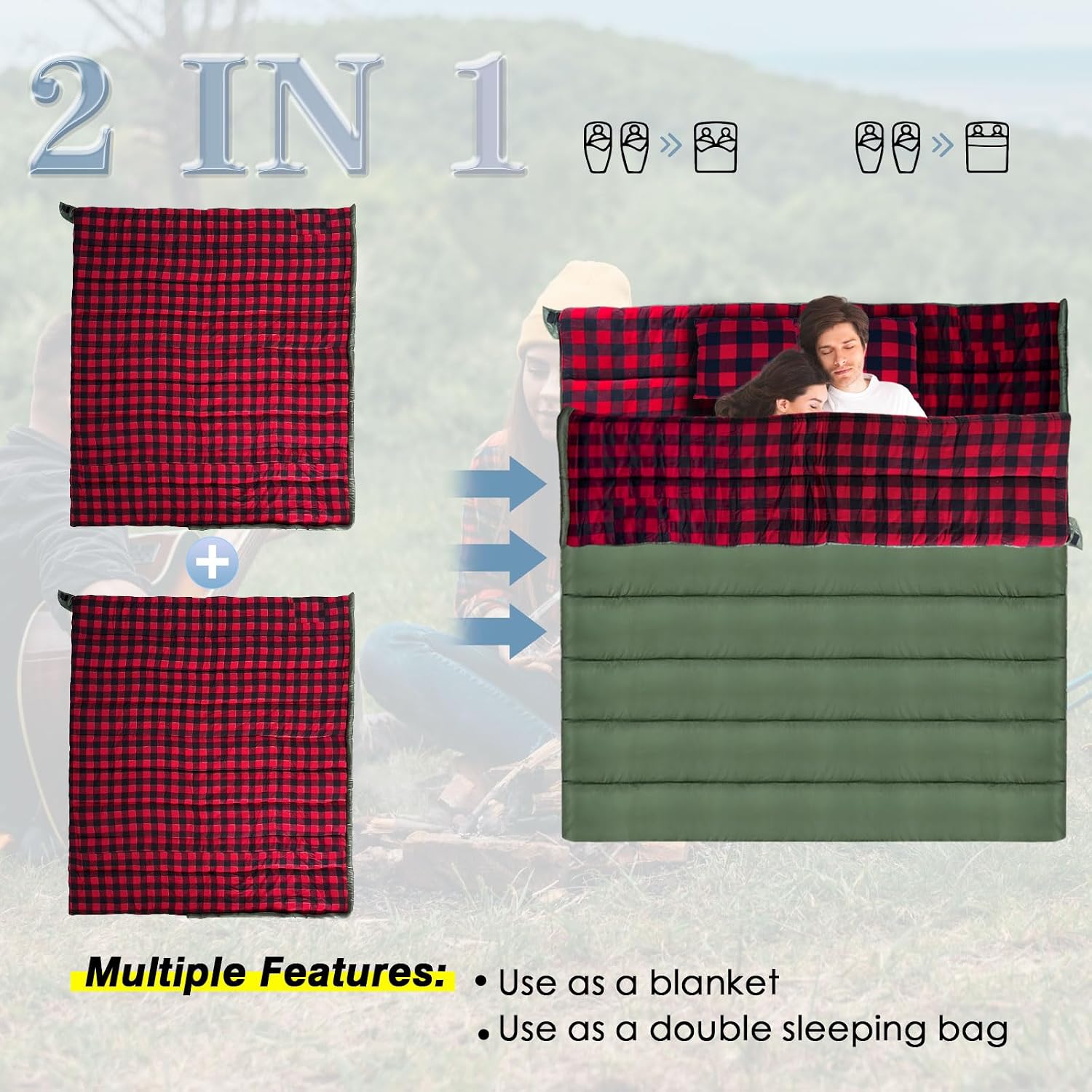 Keencamp 0 Degree Sleeping Bag Cotton Flannel Winter Cold Weather for Adults XXL Sleeping Bag 4 Season Big and Tall with Pillow Compression Sack