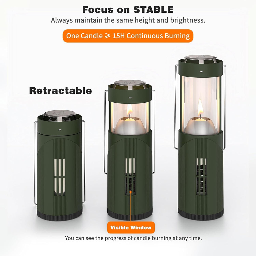 Mini Candle Lantern for Real Candles, 15H Camping Emergency Light, Green