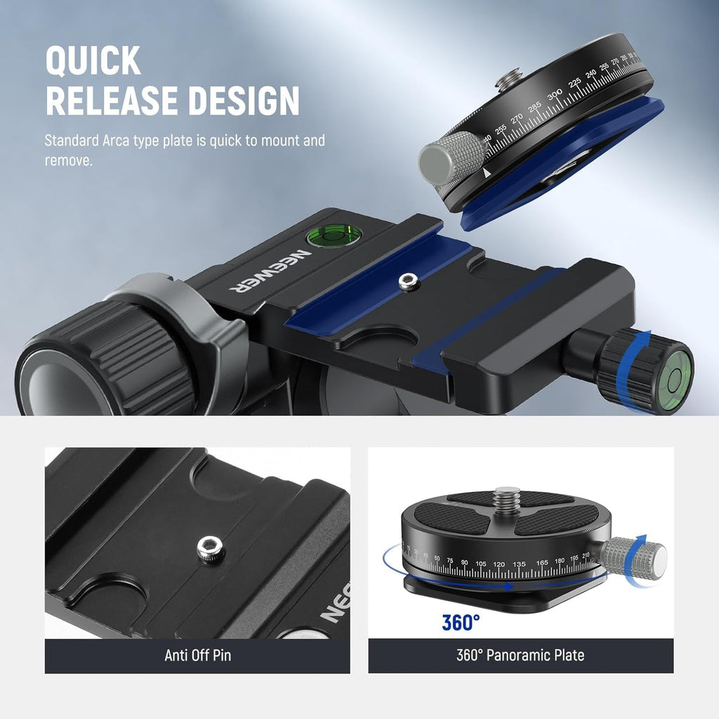 NEEWER 3 Way Geared Tripod Head with 360° Panoramic Arca QR Plate, TH15