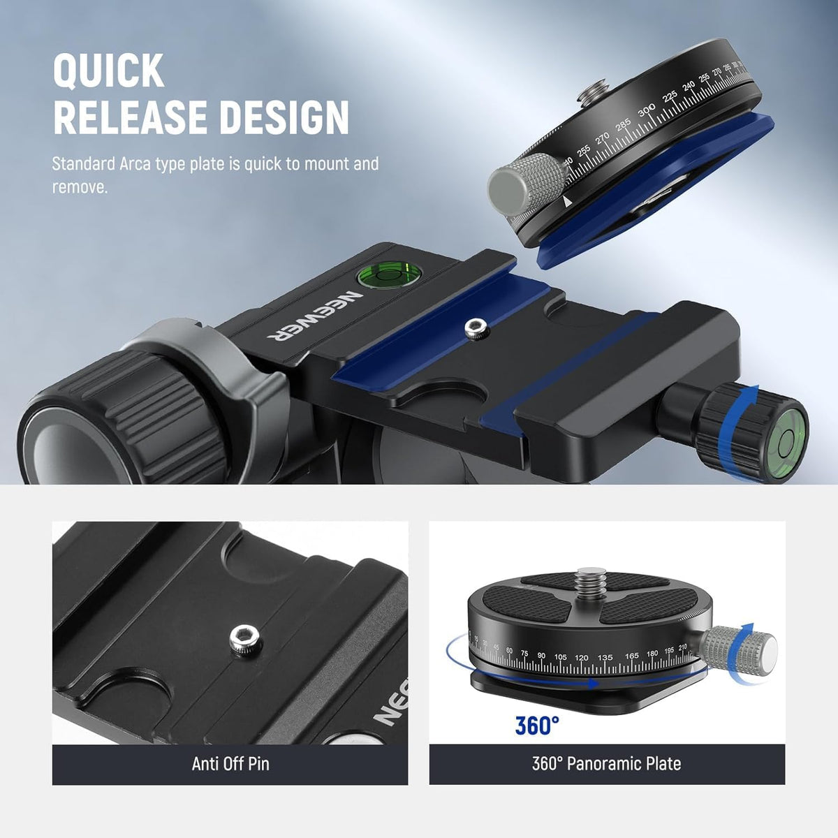 NEEWER 3 Way Geared Tripod Head with 360° Panoramic Arca QR Plate, TH15