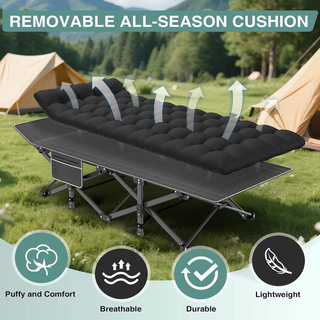ZENPETIO Camping Cot for Adults, Heavy-Duty Portable Cot Bed with Mattress, Foldable Padded Sleeping Cots for Camping Travel Tent Day Bed Outdoor & Home Guest, Max Load 500 LBS, 75x28x15”