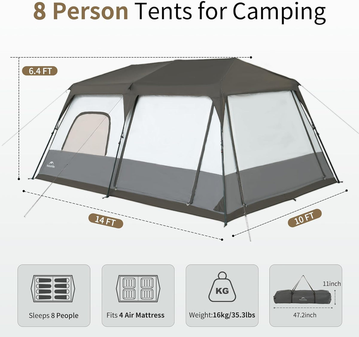 Naturehike Cape 4/6/8 Person Camping Tent, 60S Easy Setup Instant Tent Pop up Tent, Waterproof Large Tall 6/8 Person Tents for Camping, Car Camping