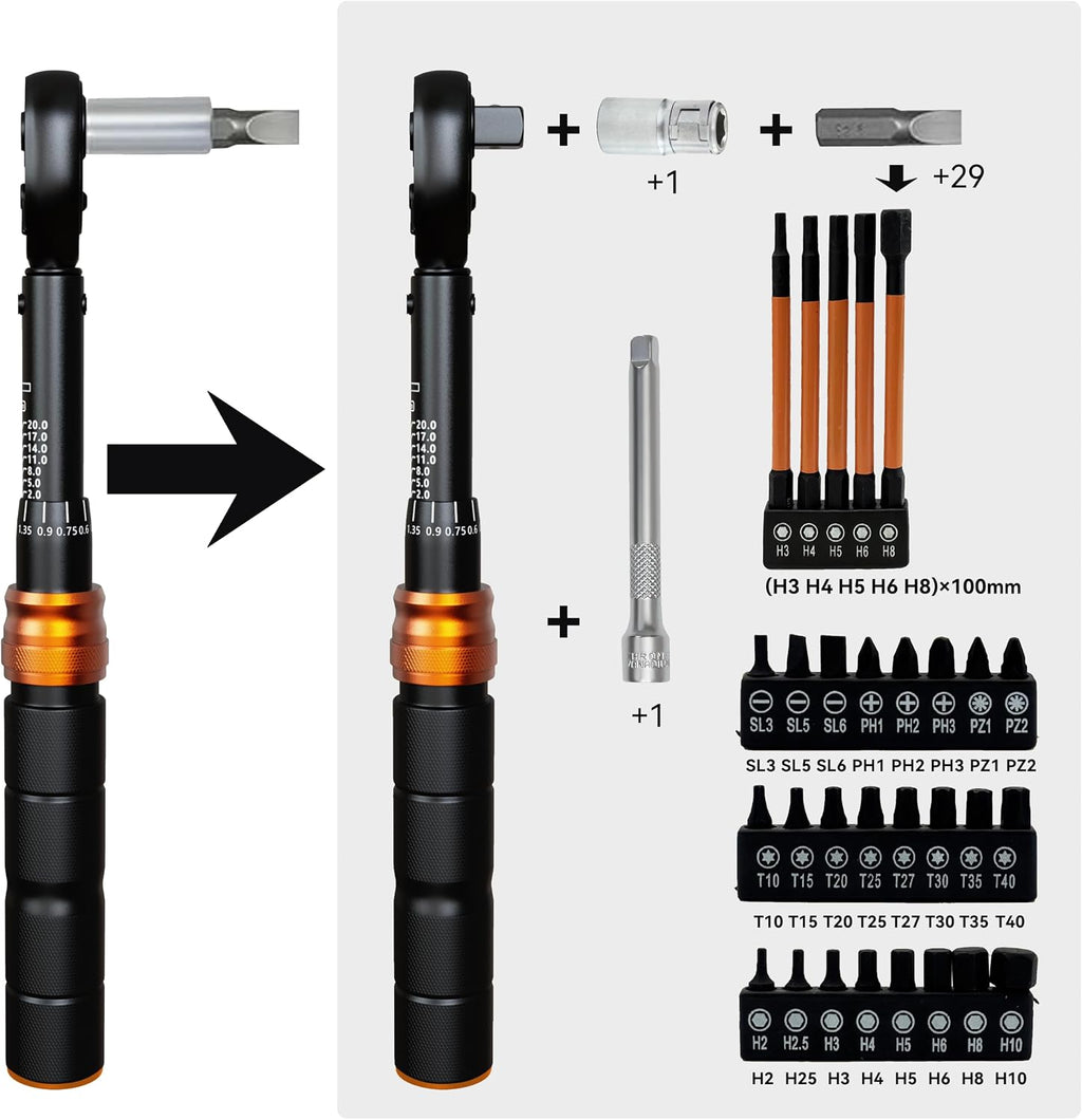 Bike Torque Wrench Set, 1/4-Inch Drive, 2-20 Nm, 35-Piece Kit