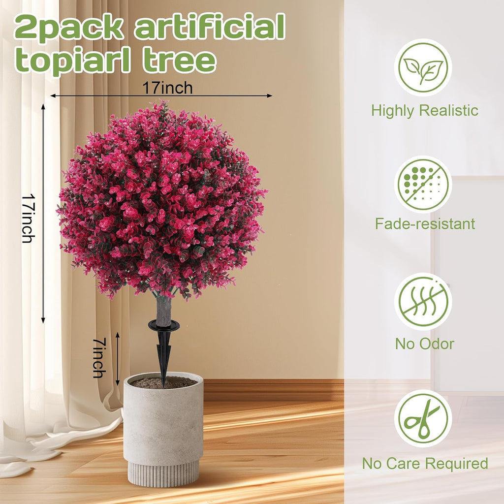 Artificial Red Eucalyptus Topiary Ball Tree 24" with Ground Spike, Set of 2 Artificial Boxwood Bushes for Faux Shrubs, Fake Evergreen Faux Plant for Indoor Outdoor Garden -UV Resistant–Fade-Proof