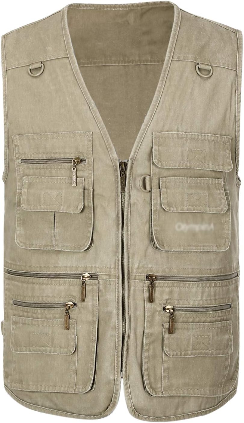 Spanye Mens Safari Travel Photo Vest Outdoor Fishing Multi Pocket Jacket Beige