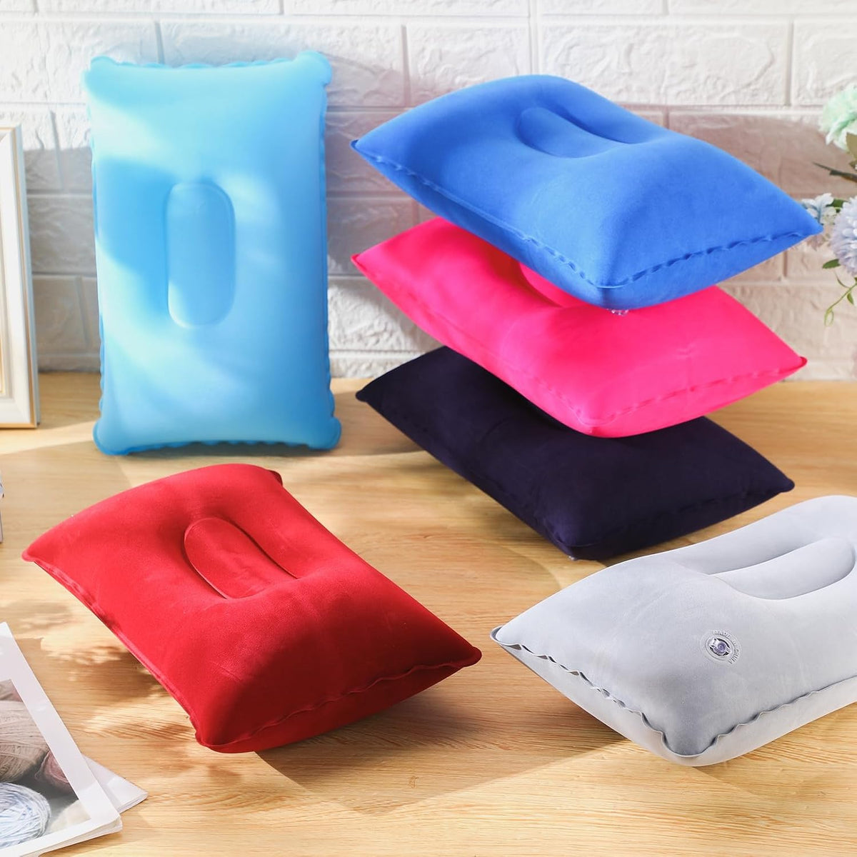 Geelin 12 Pack Inflatable Travel Pillow Squared Flocked Fabric Air Pillow Ultralight, Compact and Comfortable for Traveling, Camping, Hiking, Napping, Desk Rest, Neck Lumbar Support(13.39" × 8.66")