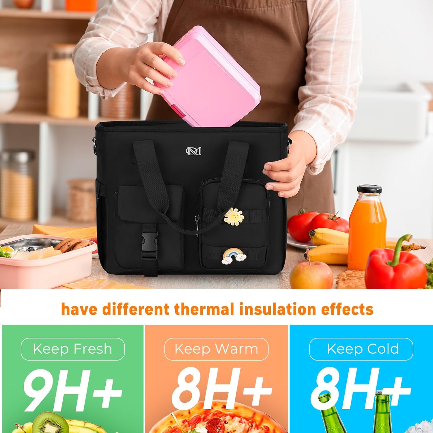 Large Insulated Lunch Bag for Women Men,Leakproof Reusable Lunch Tote with Shoulder Strap, Multi-Pocket Cooler Bag for Work, School, Picnic, Hiking, Beach, Camping, Black