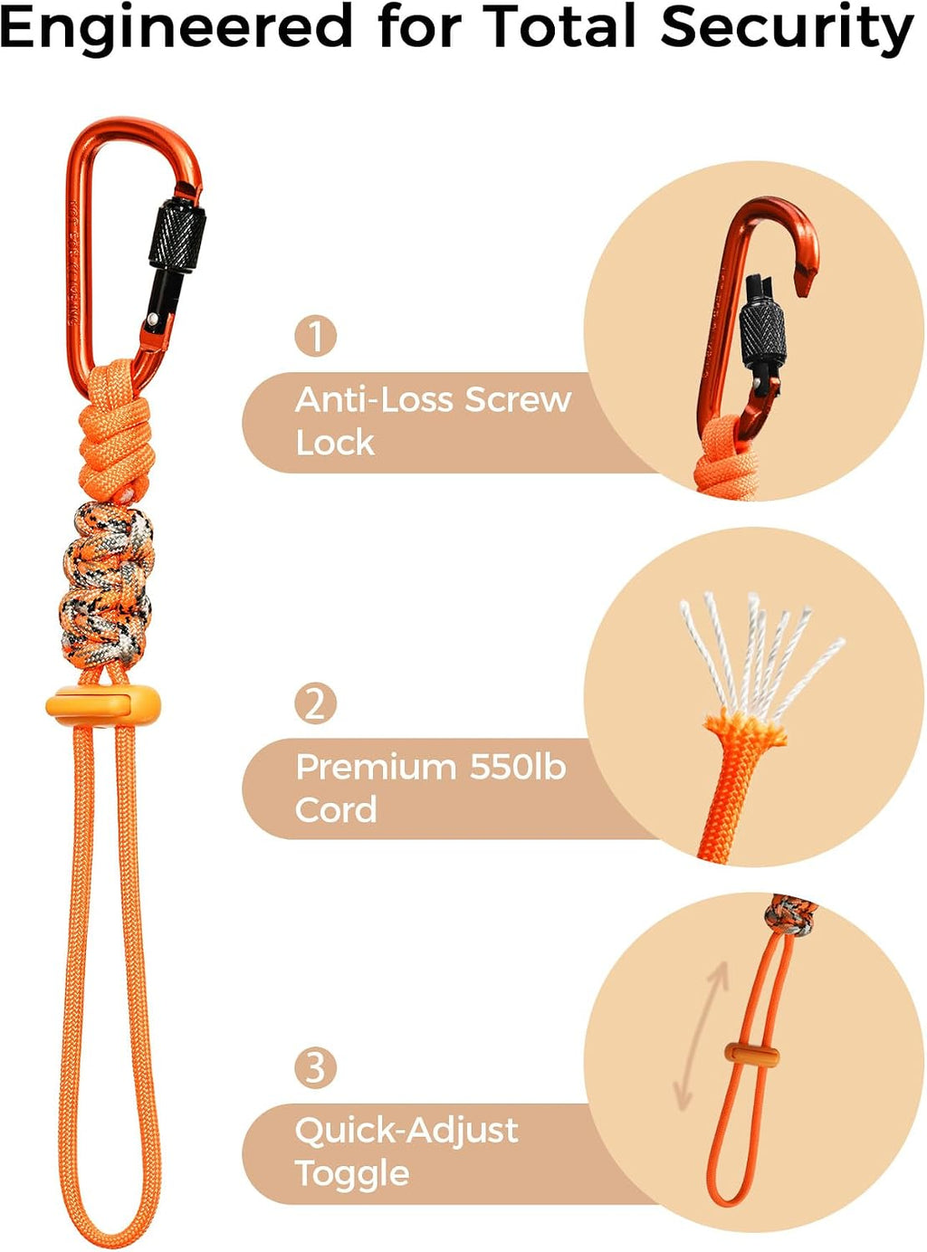 Carabiner Clip 2 Pack, Screw Lock Paracord Gear Lanyard