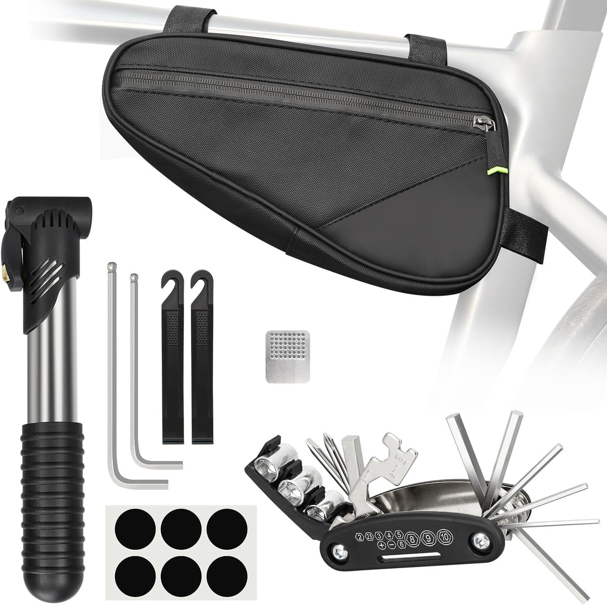 Bike Repair Kit, Bike Bag With Tire Pump, Bike Multitool, Allen Wrenches
