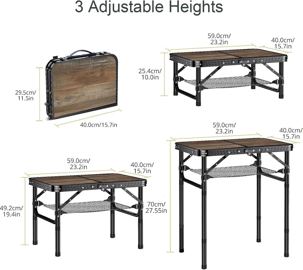 Folding Picnic Table 2ft Portable Camping Table Adjustable Heights