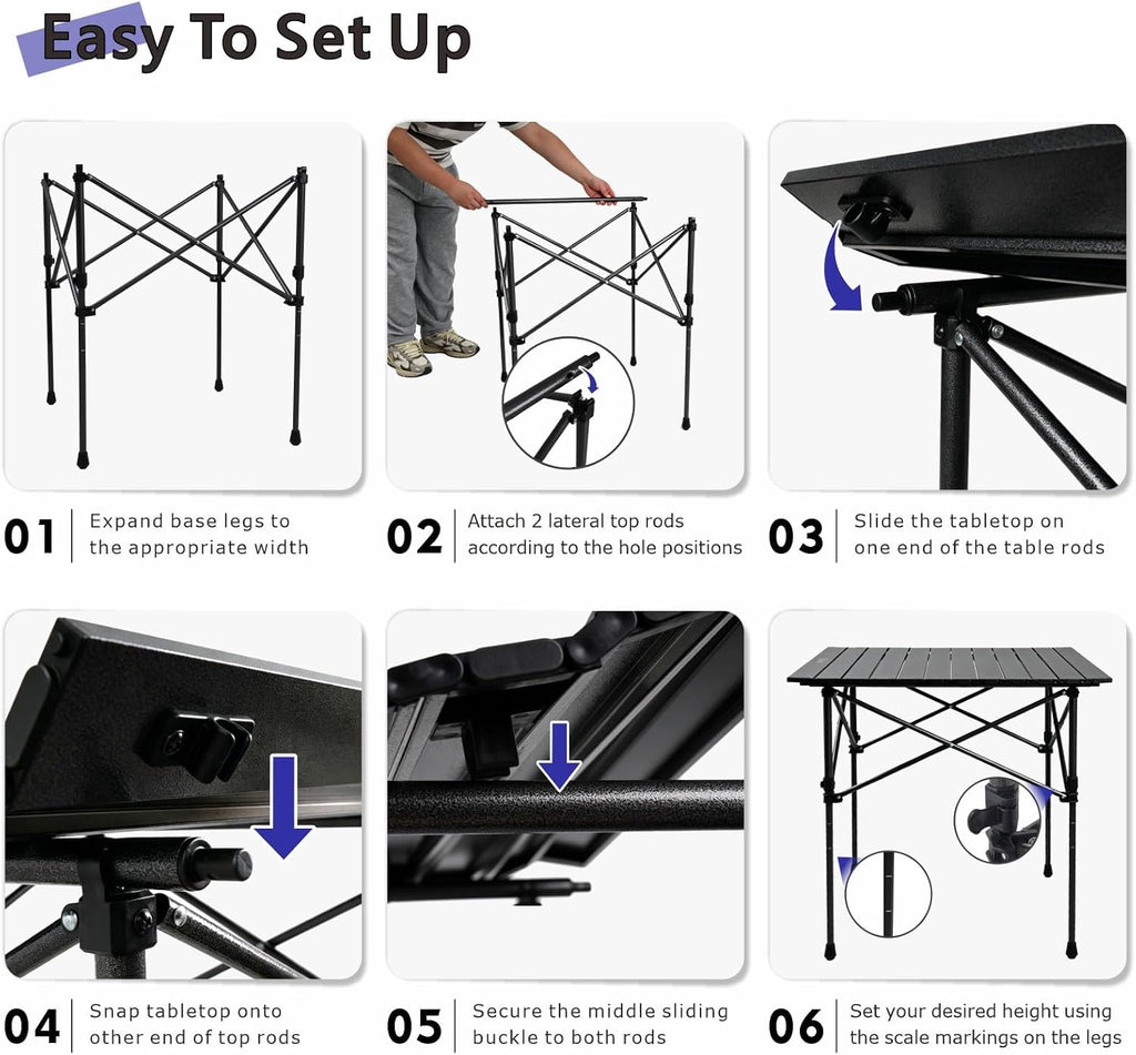 Byliable Folding Camping Square Table, Portable Aluminum for Outdoor, Black