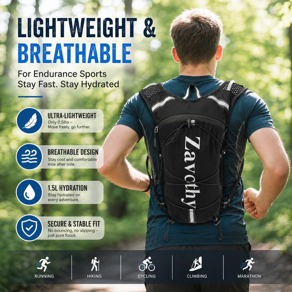 Zavothy Hydration Vest Pack with 1.5L Water Bladder, Lightweight 6L Hydration Backpack for Running, Hiking & Cycling, Breathable Reflective Hydration Vest for Men & Women