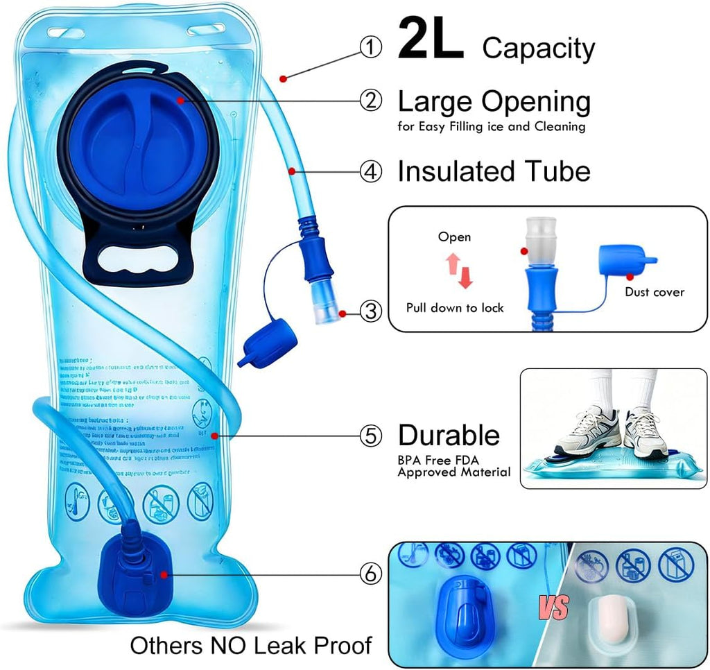 Mothybot Hydration Pack, Insulated Hydration Backpack with 2L BPA Free Water Bladder and Storage, Hiking Backpack for Men, Women, Kids for Running, Cycling, Camping - Keep Liquid Cool up to 5 Hours