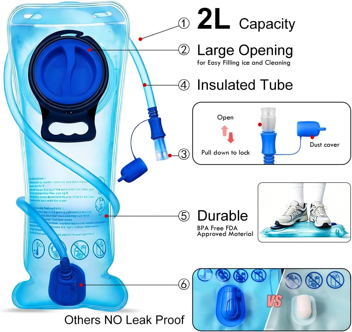 Mothybot Hydration Pack, Insulated Hydration Backpack with 2L BPA Free Water Bladder and Storage, Hiking Backpack for Men, Women, Kids for Running, Cycling, Camping - Keep Liquid Cool up to 5 Hours