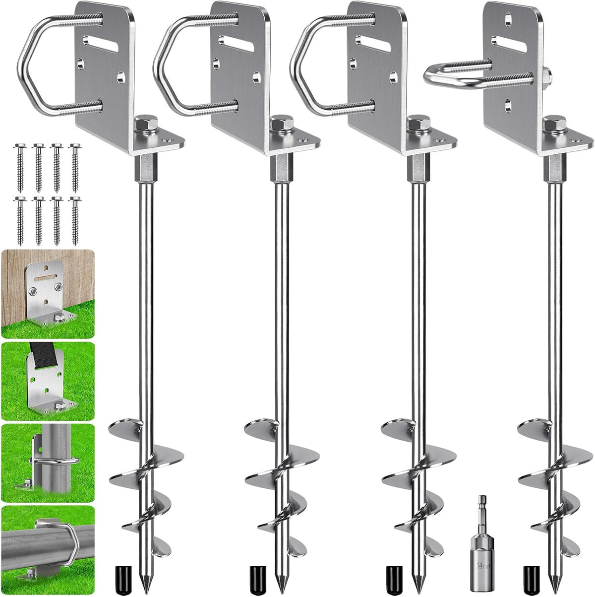BeneLabel 2/4/6 Pack 18" 24" Ground Anchors Screw in Shed Anchor with L Bracket Trampoline Anchor Spiral Swingset Anchors for Swing Set, Mobile Home, Fence, Playset, Tent, Canopy, Carport