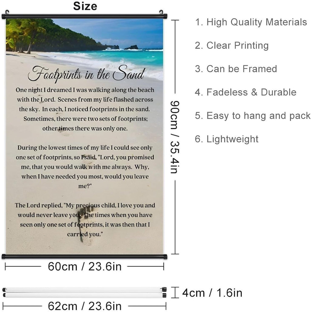 Footprints in the Sand Religious Canvas Wall Art Posters, Inspirational Beach Sunset Poem Print Poster (Black Axis 24x36inch, Footprints(4))