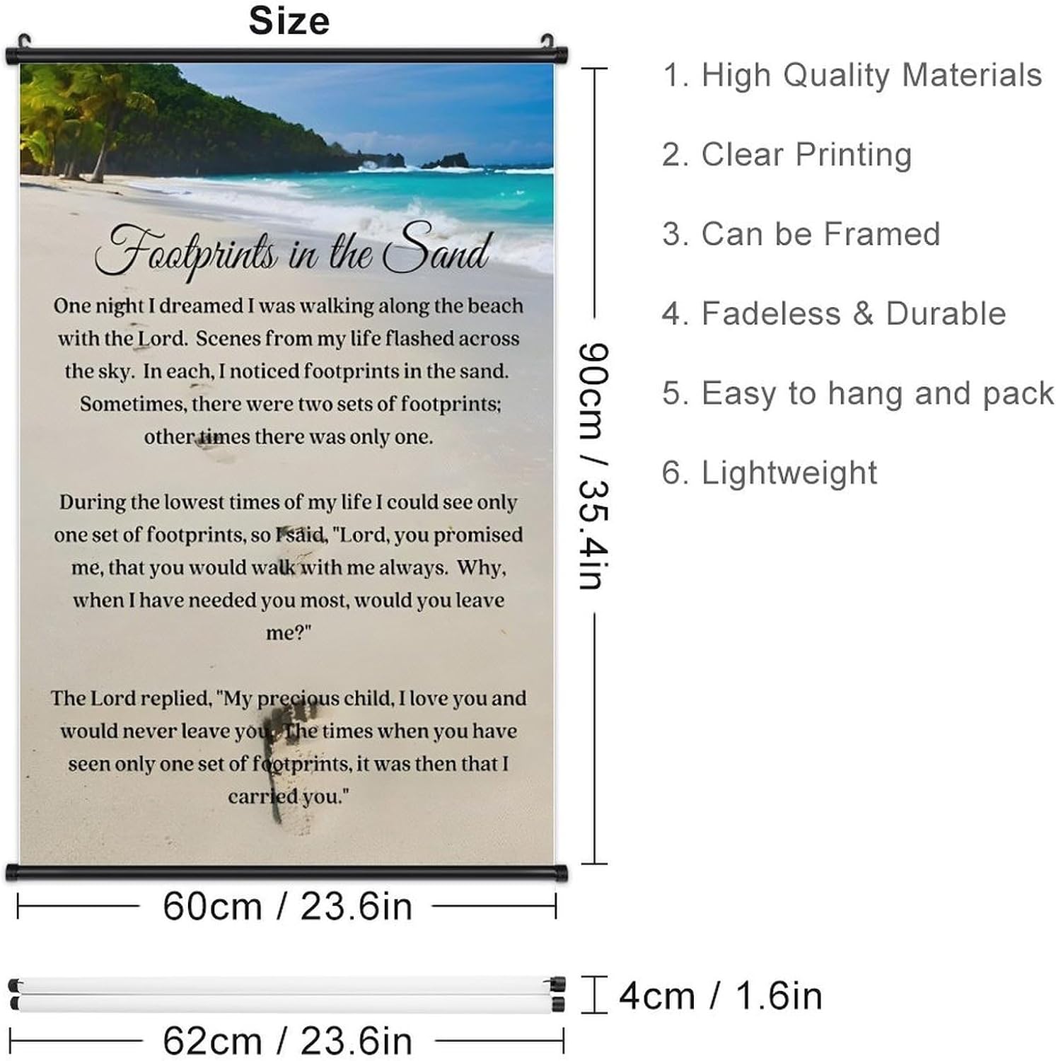 Footprints in the Sand Religious Canvas Wall Art Posters, Inspirational Beach Sunset Poem Print Poster (Black Axis 24x36inch, Footprints(4))