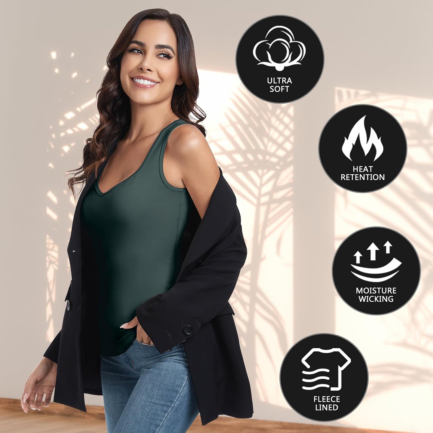 WOWENY Thermal Fleece Tank Top for Women V Neck Sleeveless Shirts Camisole Warm Base Layer Cami Vest Underwear Tops