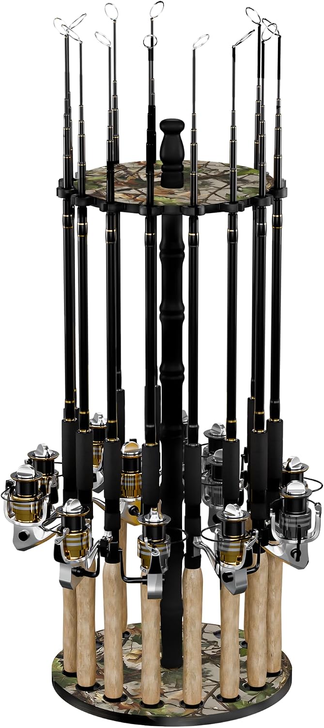 Rush Creek Creations 16-Rod Round Fishing Rod Holder for Garage, 360° Access Fishing Pole Holder for Fishing Rods, Reels, and Gear, Securely Holds 16 Rods, Camouflage