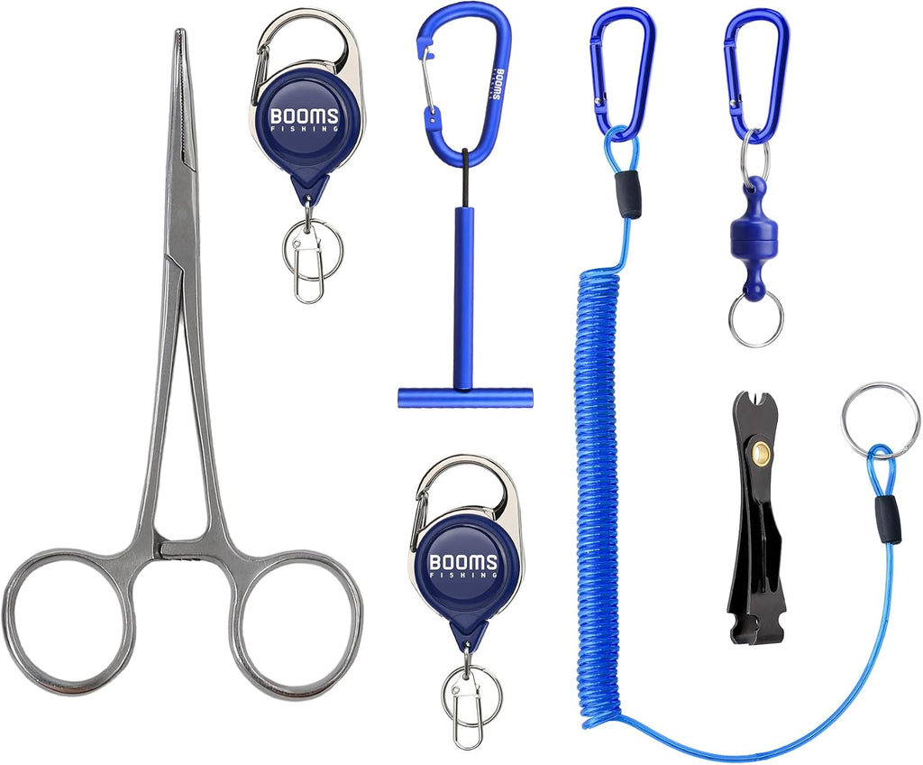 Booms Fishing FF3 7 PCS Fly Fishing Tools Kit, Fishing Knot Tool and Line Clipper Retractor, Magnetic Net Release with Lanyard, Fly Fishing Tippet Spool Holder, Hook Remover Forceps
