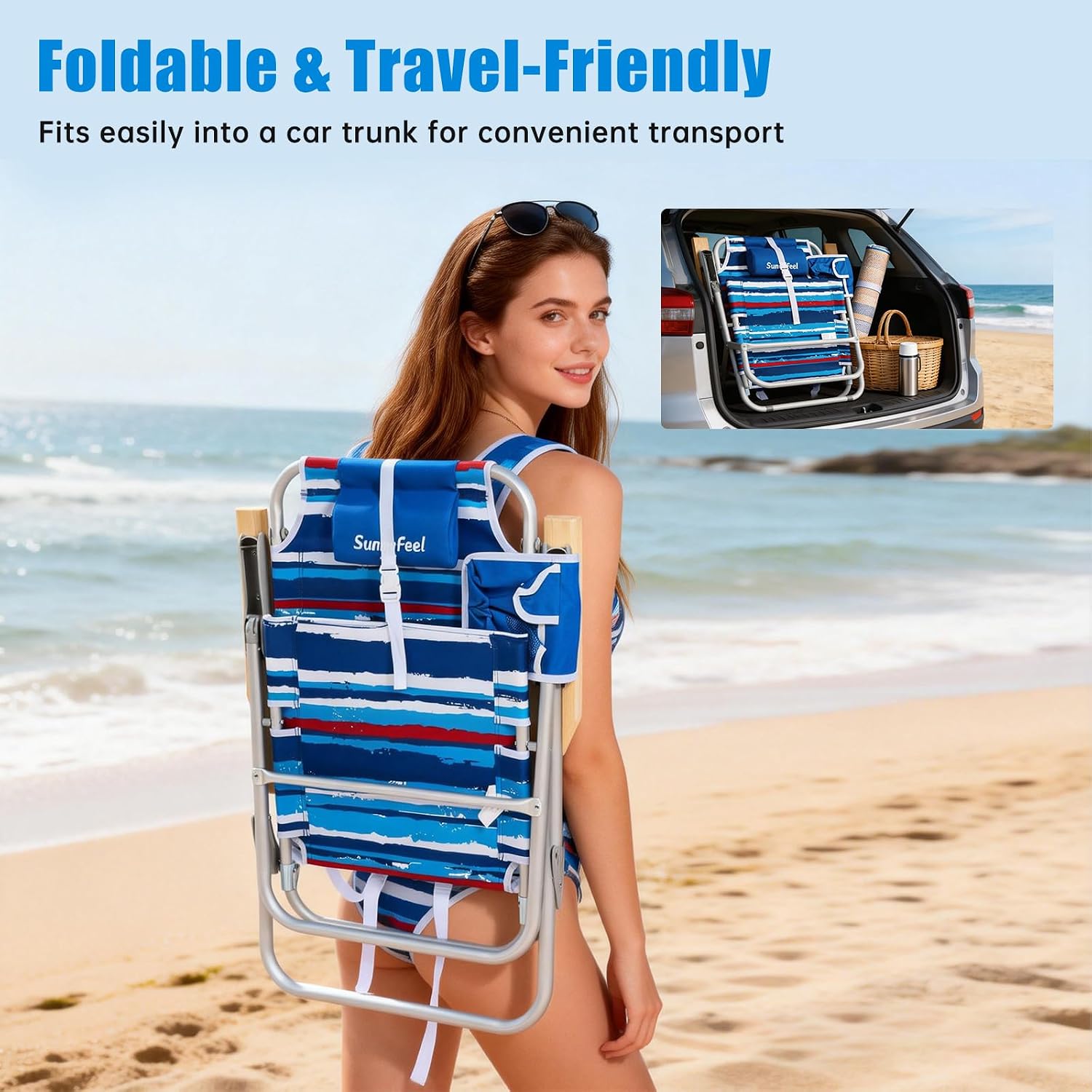 SUNNYFEEL Tall Beach Chair, Reclining Beach Chair with 5-Position, Portable Camping Chair for Adults with Wood Armrest, Lightweight Camping Chair 300 lbs Heavy Duty, Blue Stripe, 2 Pack
