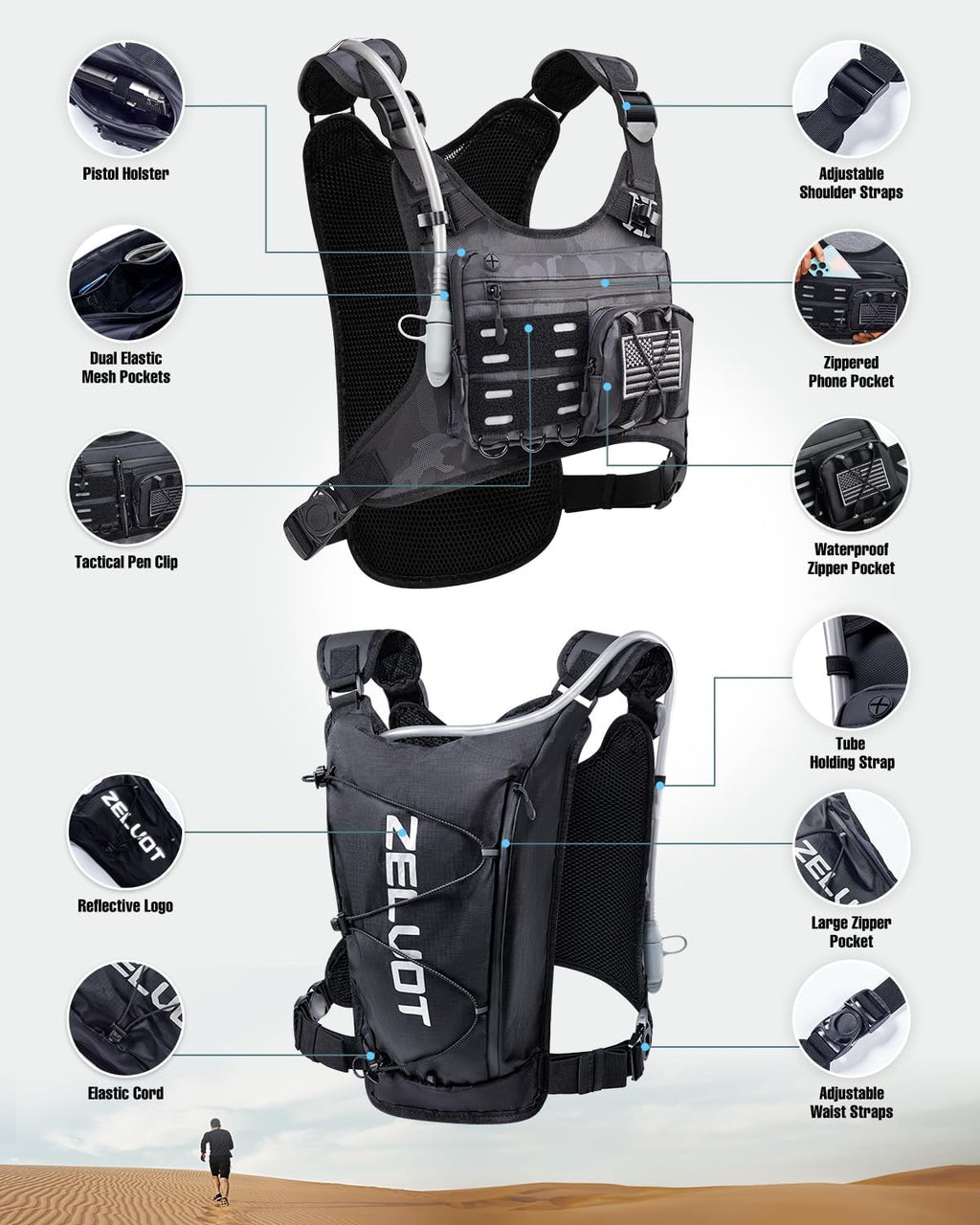 Zelvot Running Vest with 2L Water Bladder, Hydration Backpack, U.S. Design Patent, Lightweight Hydration Pack with Gear Holder, Reflective Chest Pack for Men Women