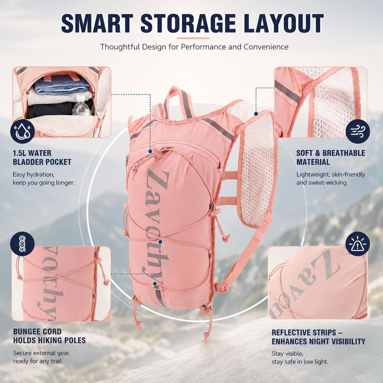 Zavothy Hydration Vest Pack with 1.5L Water Bladder, Lightweight 6L Hydration Backpack for Running, Hiking & Cycling, Breathable Reflective Hydration Vest for Men & Women